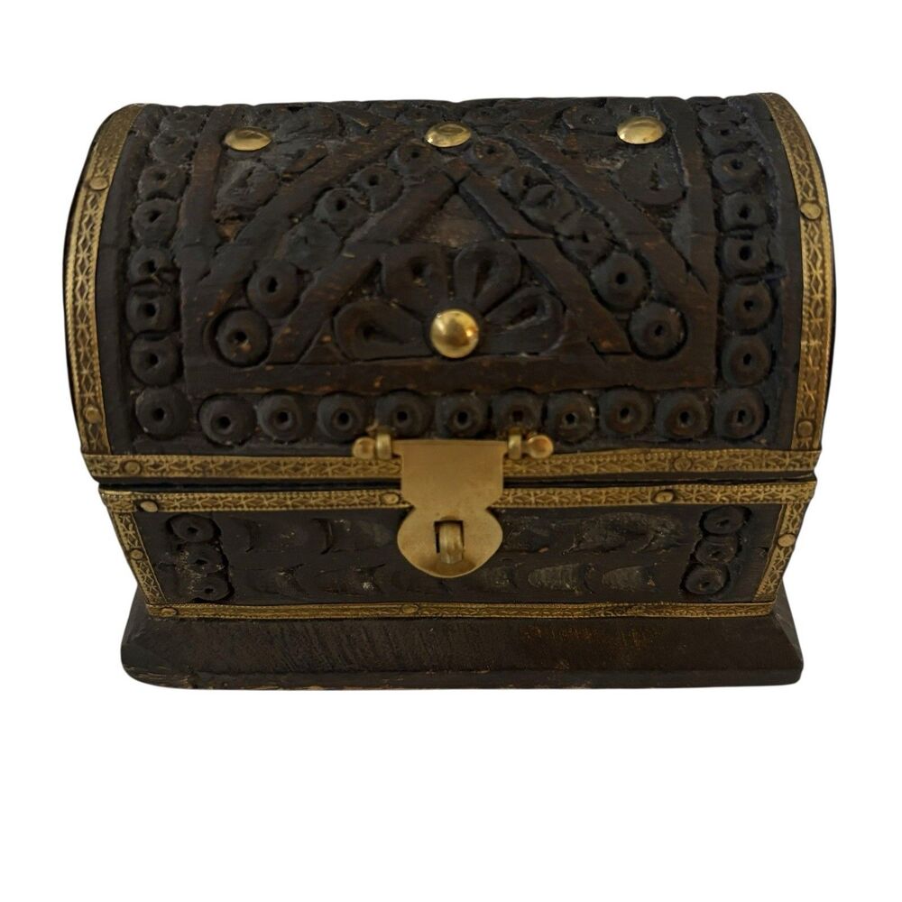 Al Jaber Wood Treasure Chest Trinket Box Guilded Brass, Domed Lid, Brown, Small